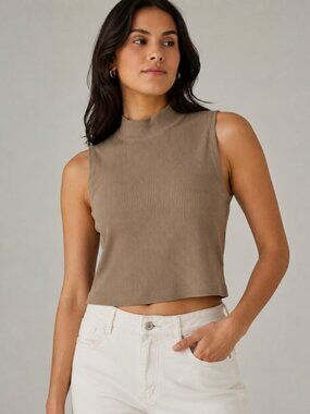 Everlane Taupe Ribbed Mock Neck Cropped Tank Top Organic Cotton XL